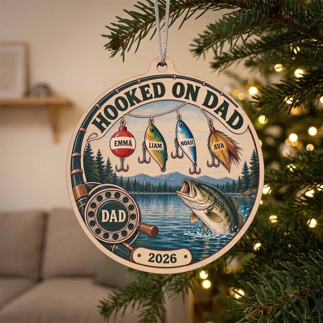 Hooked On Dad Family Fishing Father Keepsake Personalized Custom Name Date Fishing 1-Layer Wooden Christmas Ornament for Dad Gift