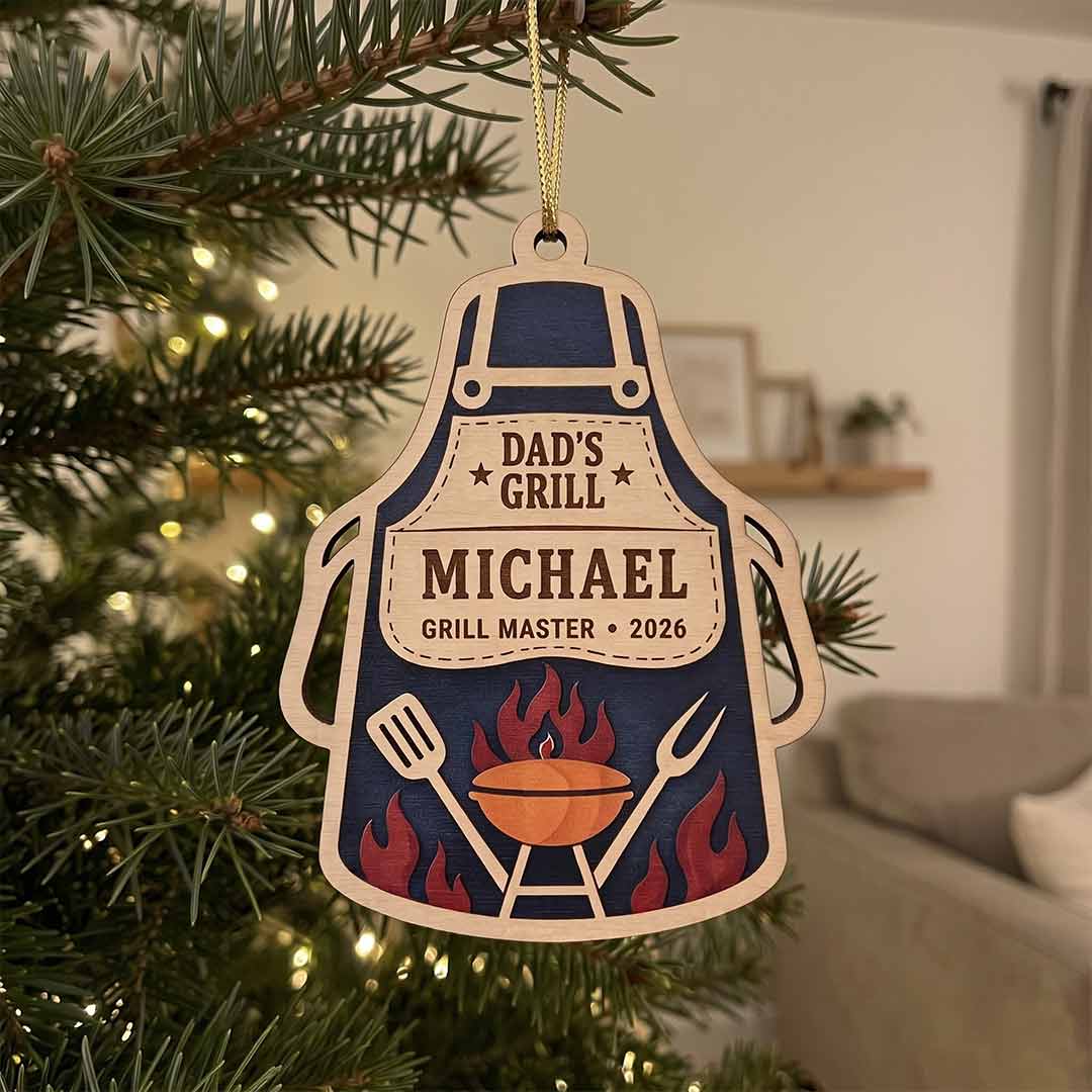 Dad's Grill Apron Flame BBQ Personalized Custom Name Date Family 2-Layer Wooden Christmas Ornament BBQ Grill Master Gift for Dad
