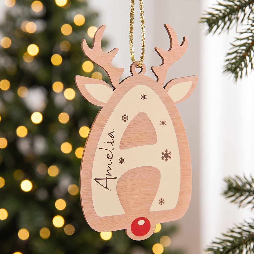 Reindeer Alphabet Christmas Initial Keepsake Personalized Custom Name Initial 1-Layer Wooden Christmas Ornament for Kids Gift