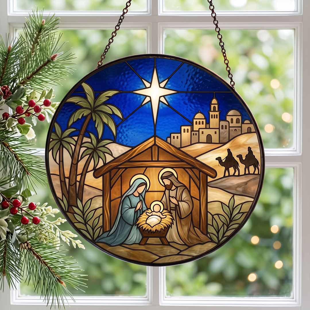 Holy Family Nativity Scene Bethlehem Star Nativity Stained Glass Suncatcher Christmas Ornament