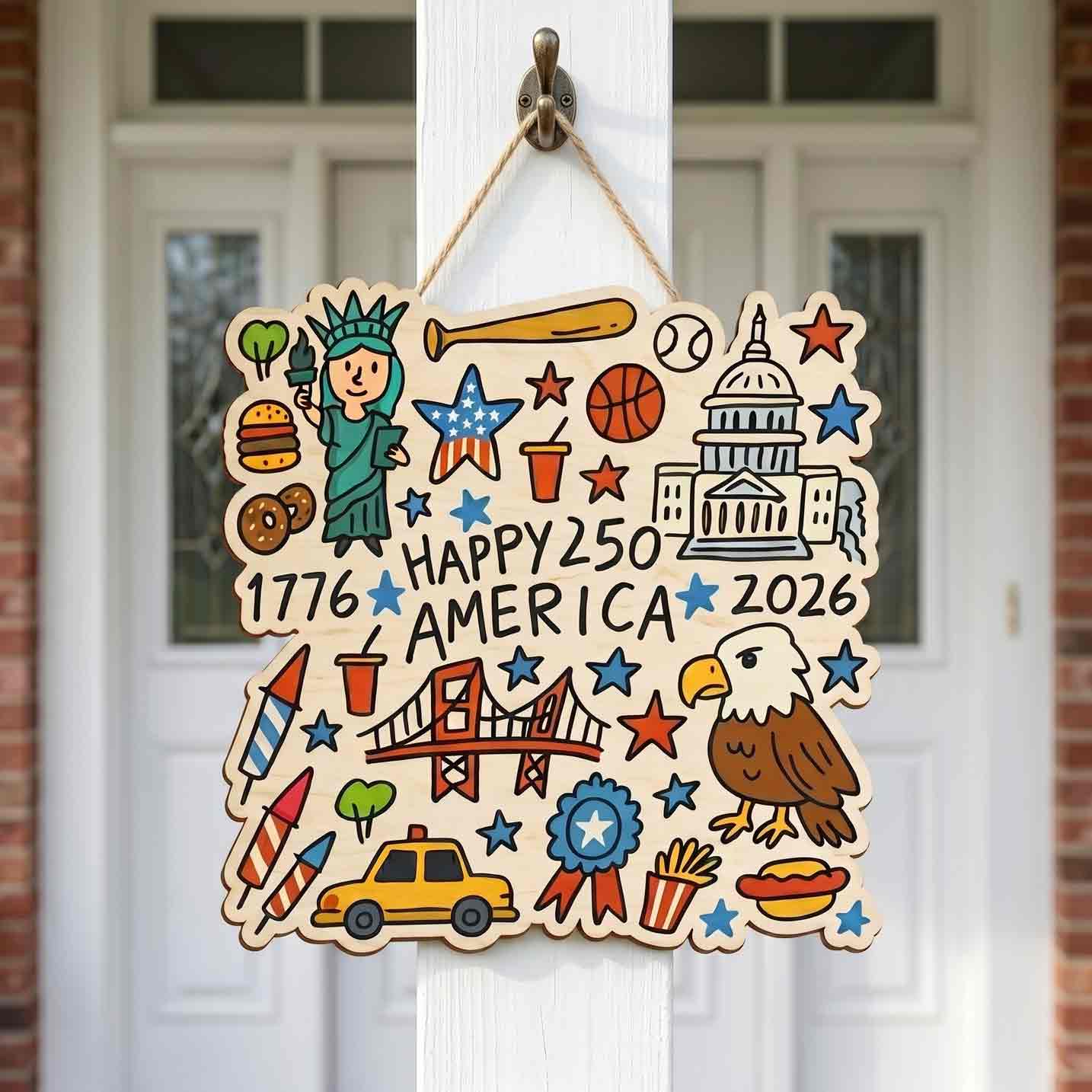 Happy 250 America 1776-2026 Doodle Patriotic Wooden Sign