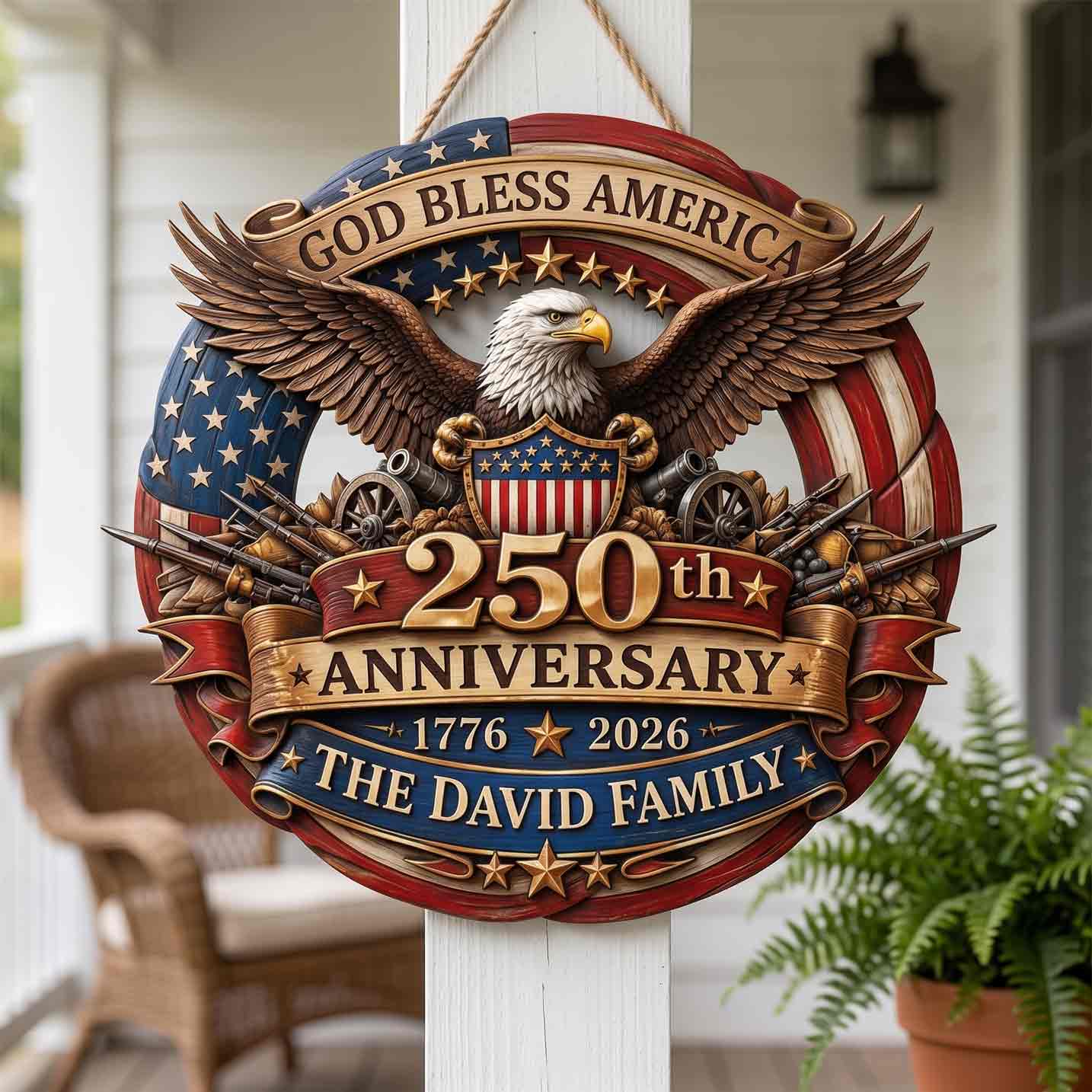 Personalized America 250 Wooden Sign With Custom Family Name and Eagle Design