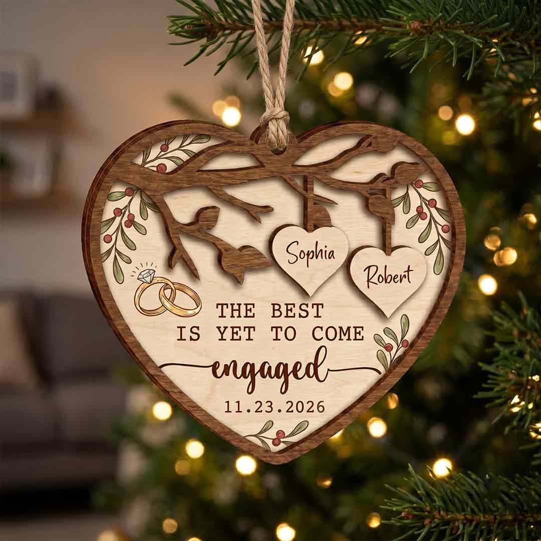 Engagement Heart Rings Personalized Custom Name Date First Engagement 2-Layer Wooden Christmas Ornament Romantic Engagement Gift for Newly Engaged Couple