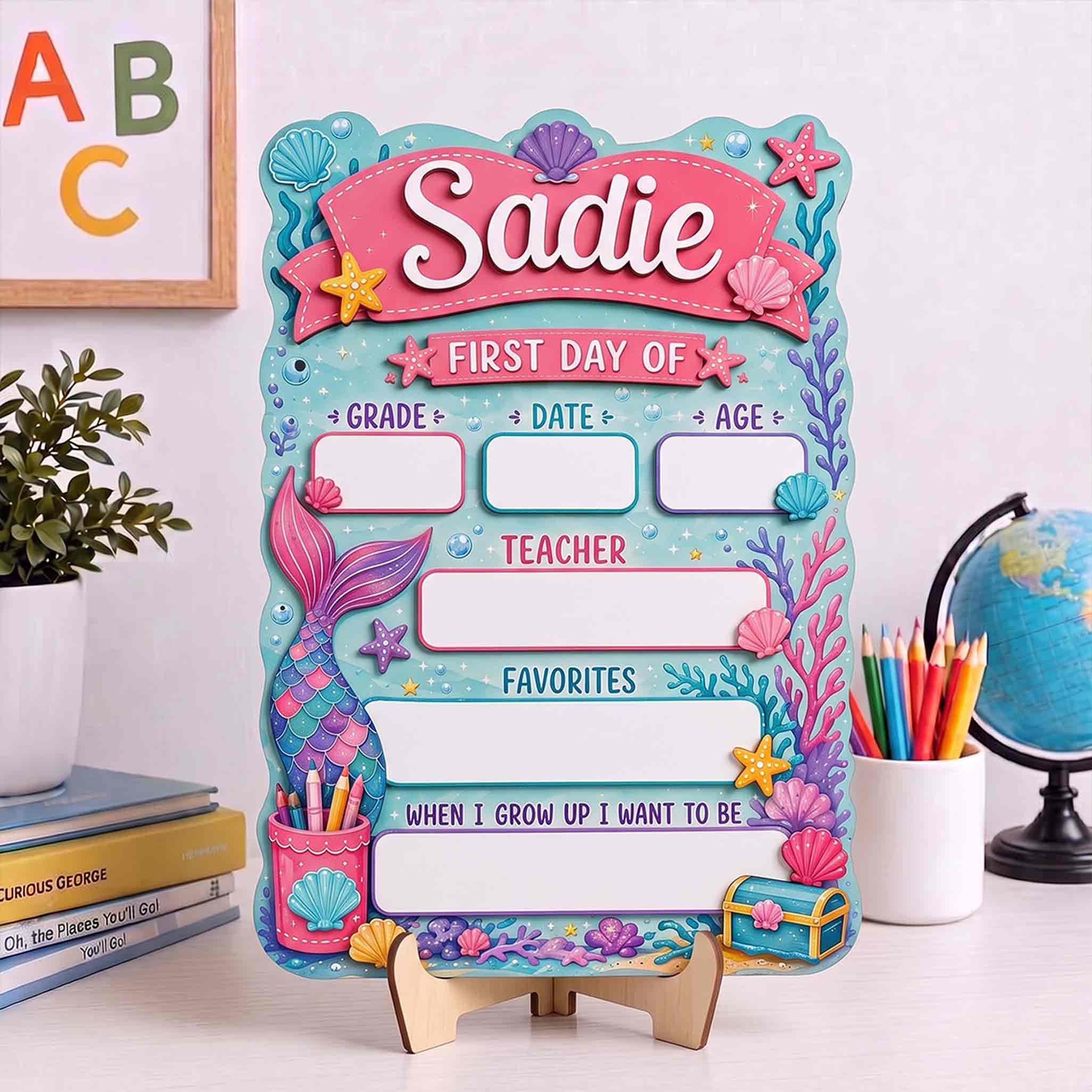 Personalized Mermaid Tail Theme First & Last Day School Sign, Reusable Dry Erase Board, Back to School Sign
