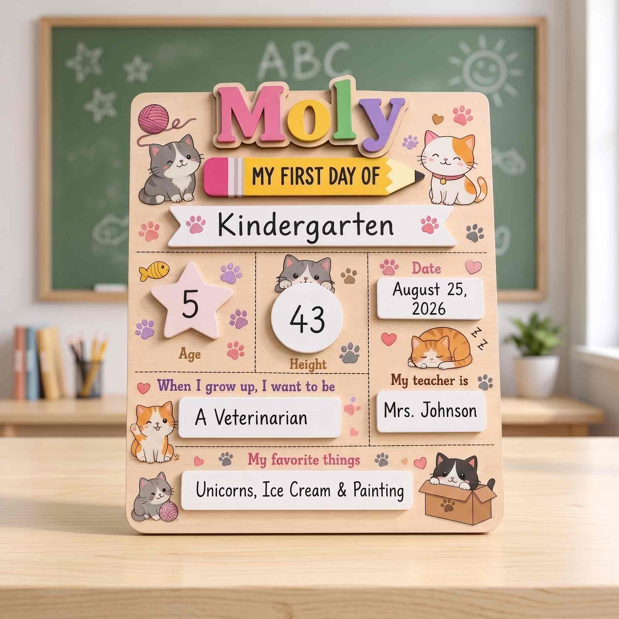 Personalized Cute Cat First Day School Board, Reusable Dry Erase Board, Back to School Sign