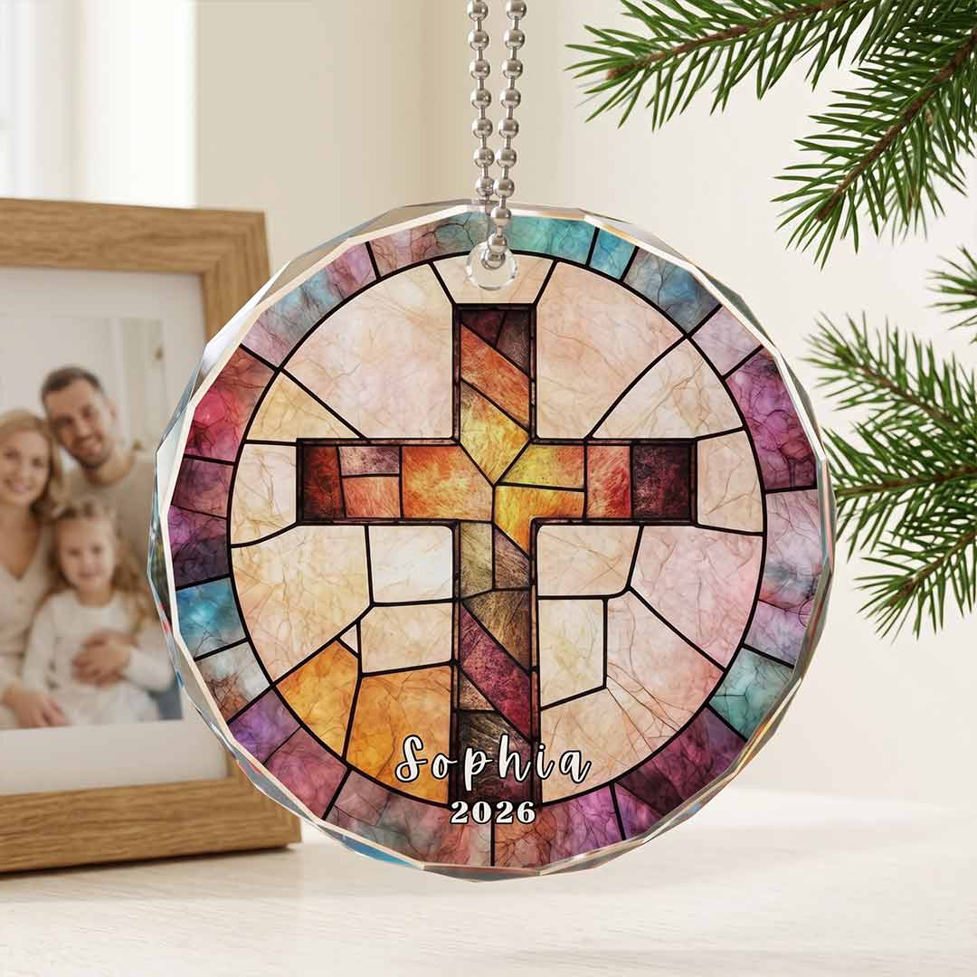 Christian Cross Religious Faith Personalized Custom Name Date Religious Keepsake Nativity Round Glass Christmas Ornament