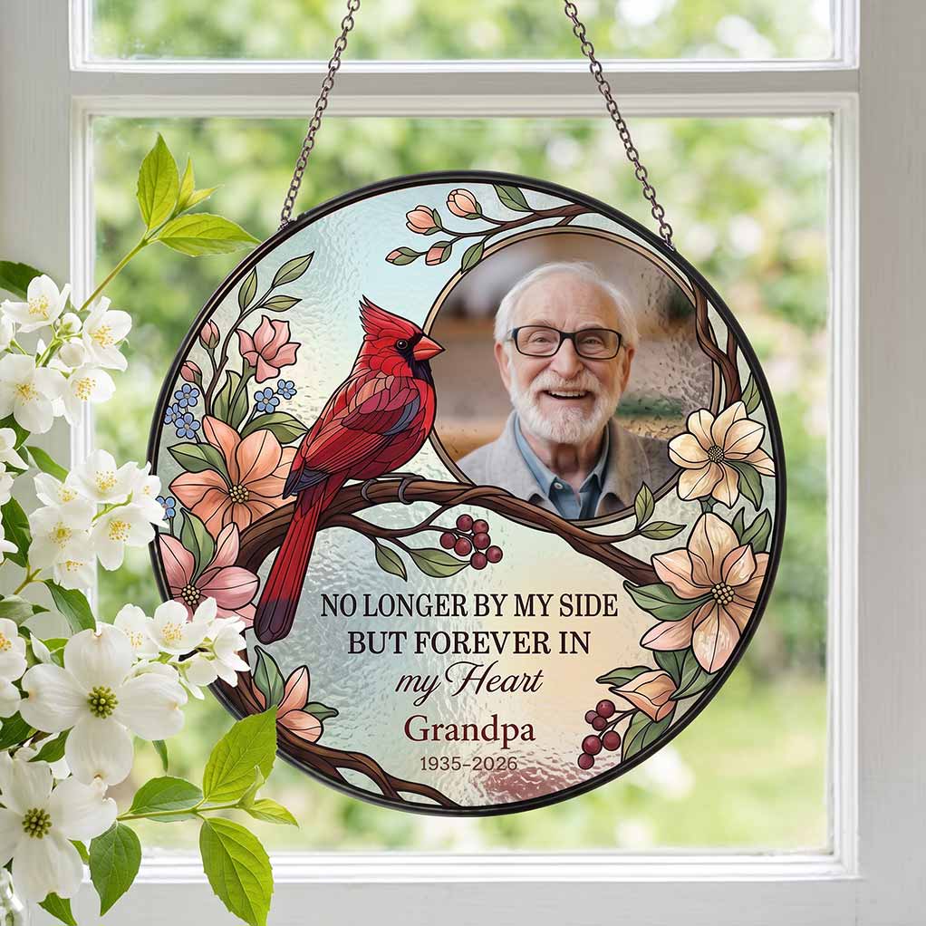 No Longer by My Side but Forever in My Heart 2026 Grandma Memorial Personalized Custom Name Date Photo Memorial Keepsake Stained Glass Suncatcher Ornament for Loss of Grandma