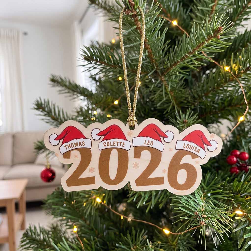 2026 Santa Hat Family Holiday Keepsake Personalized Custom Name Family 1-Layer Wooden Christmas Ornament for Family Members