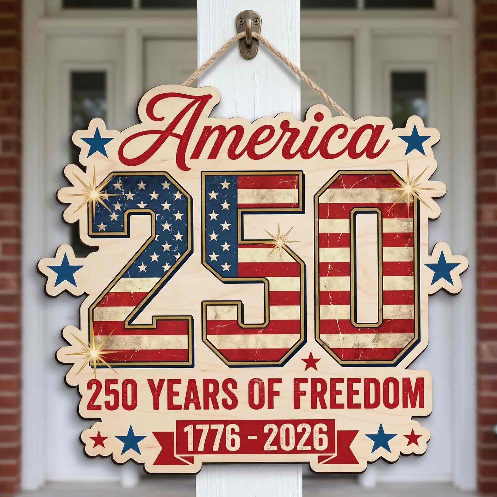 America 250 Years of Freedom 1776-2026 American Flag Gold Patriotic Wooden Sign