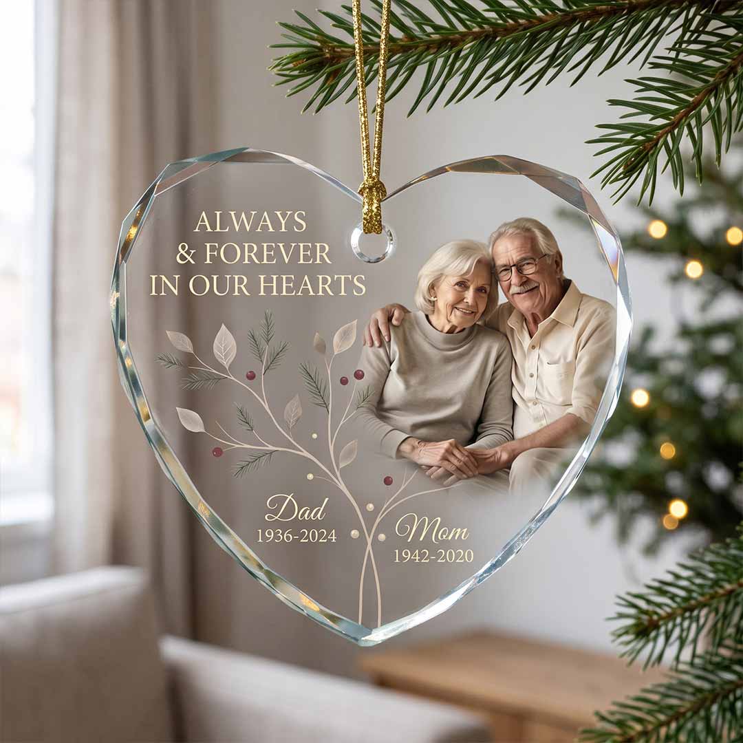 Always And Forever Mom And Dad Personalized Memorial Custom Name Date Photo Parents Sympathy Gift Heart Glass Christmas Ornament