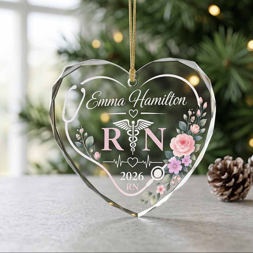 Floral RN Nurse Personalized Nurse Custom Name Date Nurse Appreciation Gift Heart Glass Christmas Ornament