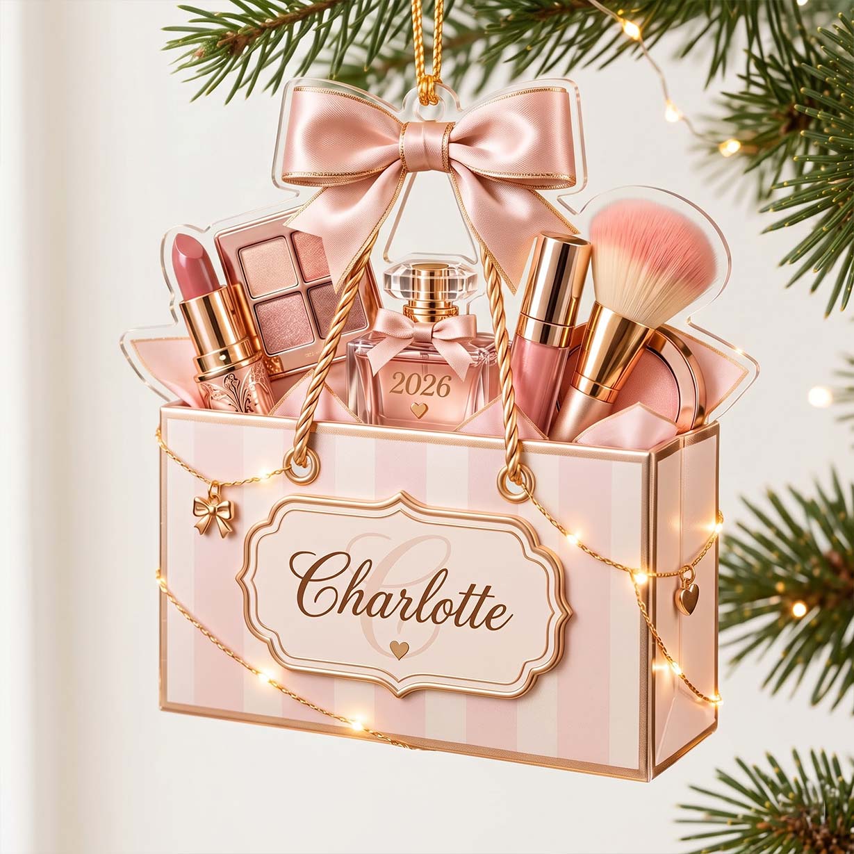 Blush Pink Makeup Bag Perfume Brush Custom Name Date Acrylic Christmas Ornament Beauty Lover Christmas Tree Decor Gift