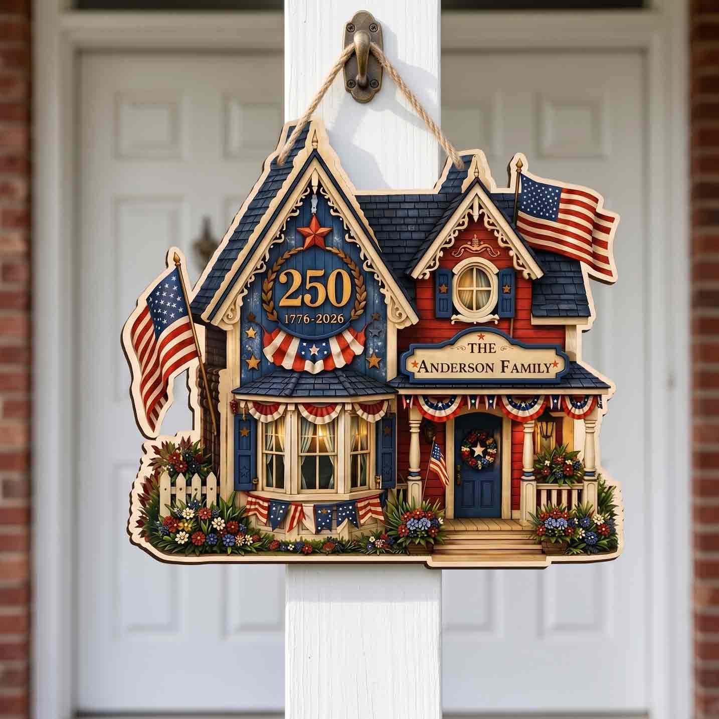 Personalized America 250 Family House Wooden Hanging Sign