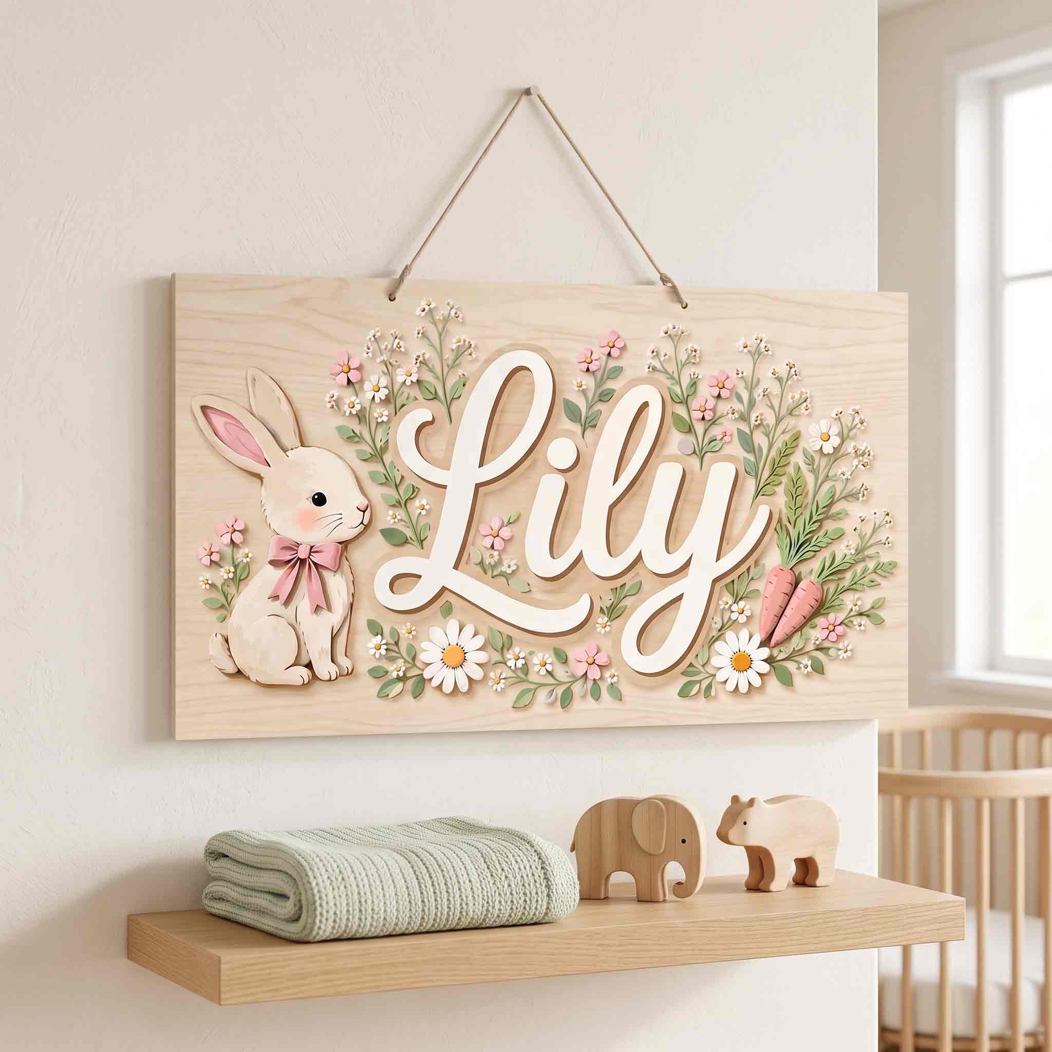 Personalized Floral Bunny Name Wooden Sign