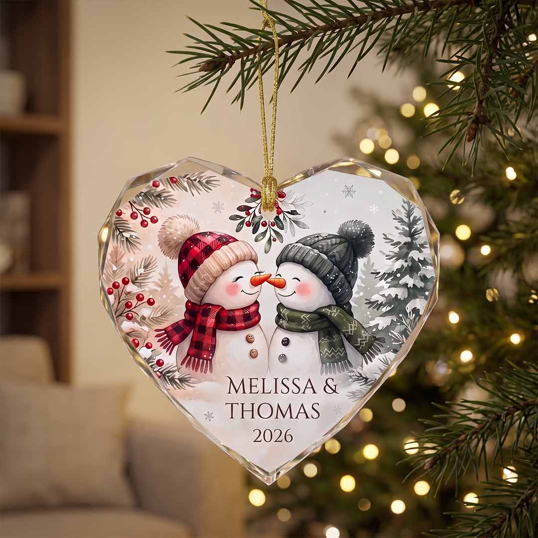 Snowman Couple First Christmas Personalized Couple Custom Name Date Christmas Gift Heart Glass Christmas Ornament