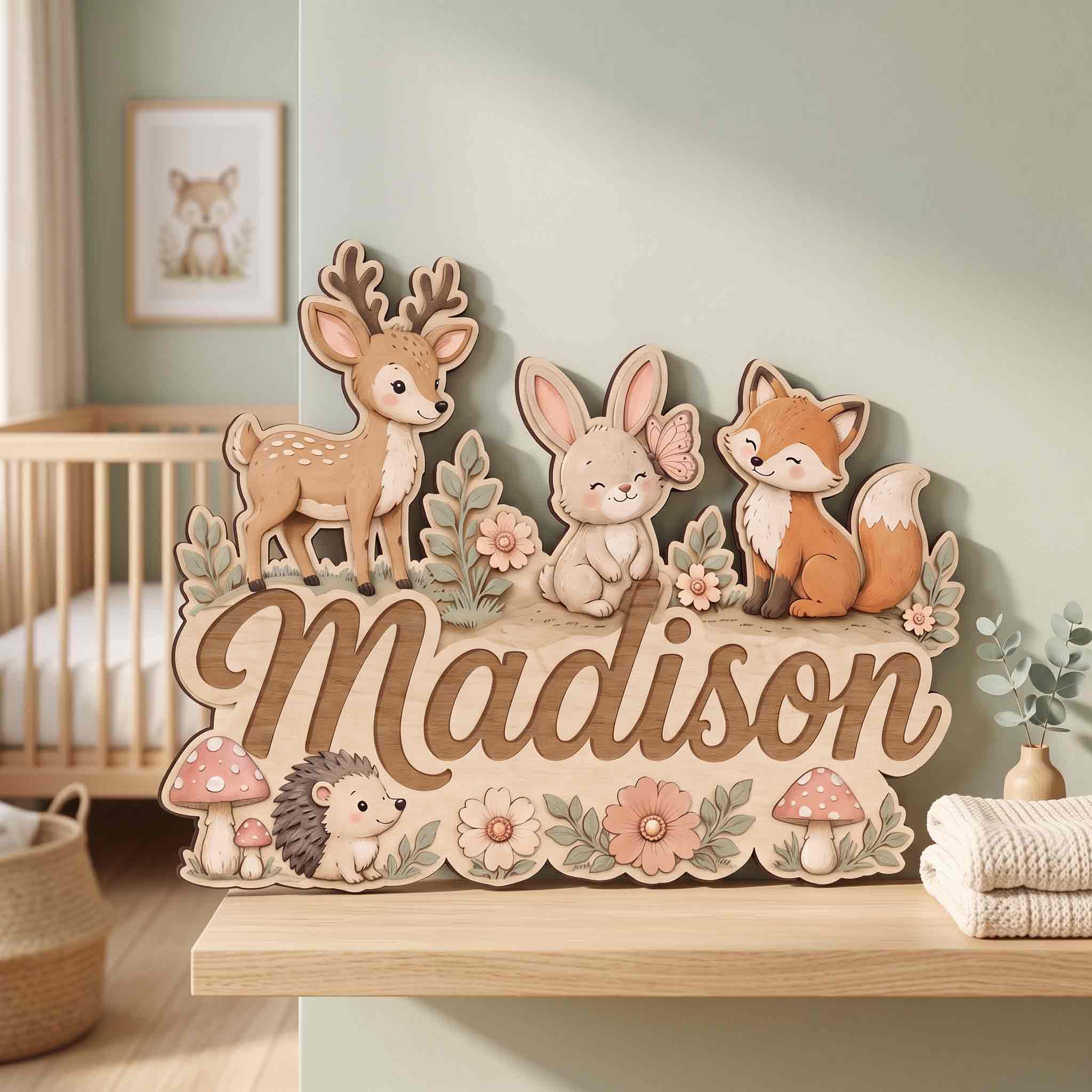Personalized Forest Animals Nursery Name Wooden Sign