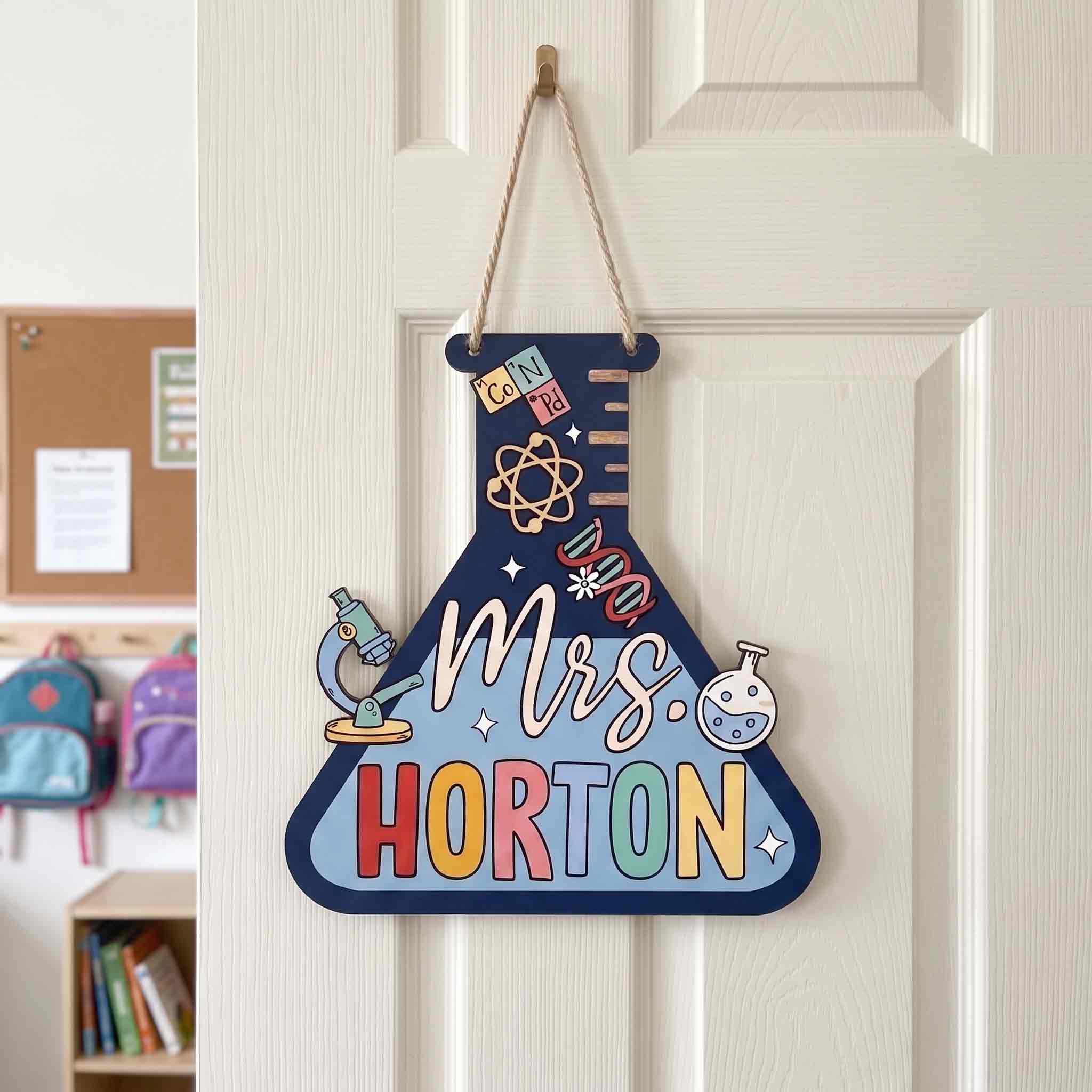 Personalized Chemistry Teacher Wooden School Sign, Custom Science Classroom Door Hanger, Teacher Name Classroom Decor