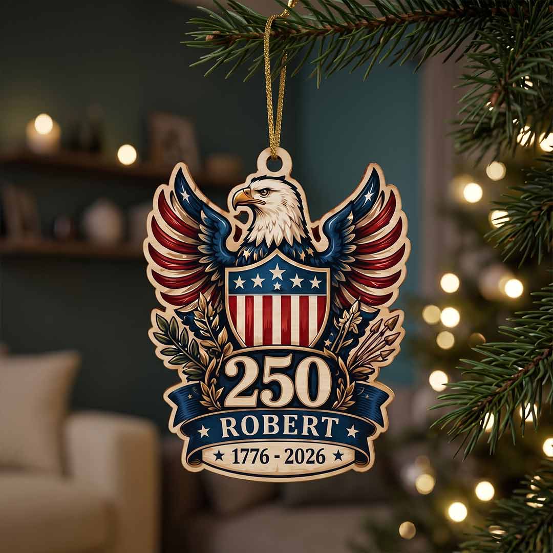 America's 250th Bald Eagle Shield American Pride Patriotic Keepsake Personalized Custom Name Patriotic 1-Layer Wooden Christmas Ornament for Patriots