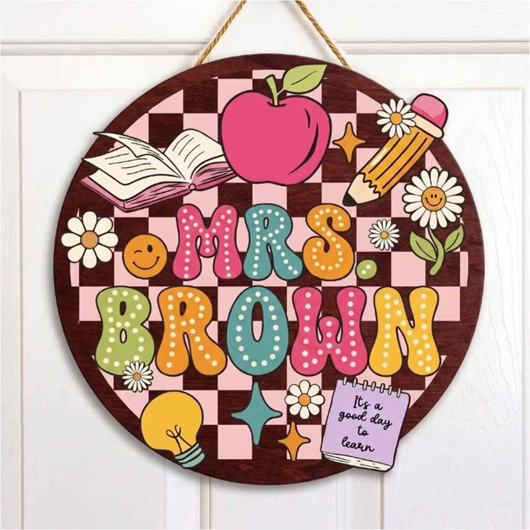 Personalized Teacher Name Wooden Sign Door Hanger Sunshine & Flowers Classroom Name Sign Wooden Classroom Decor, Back to School Sign