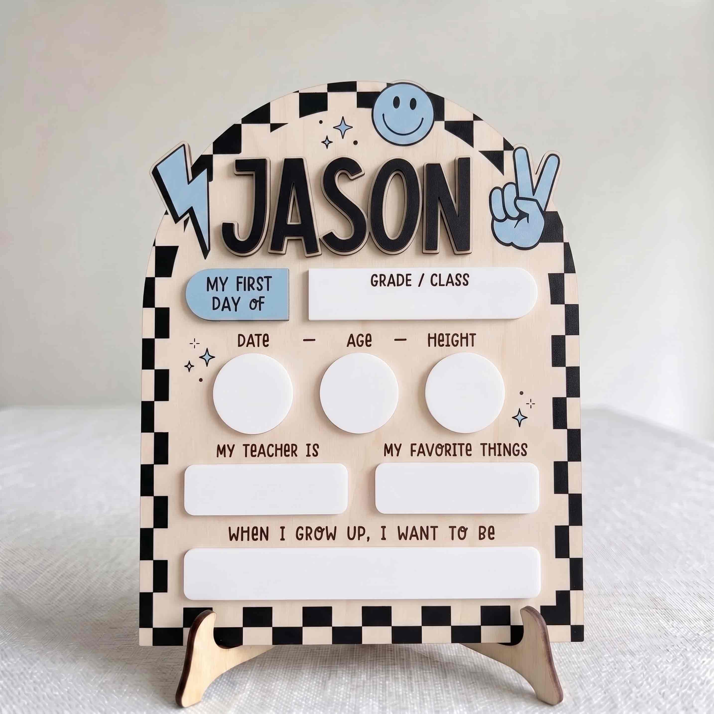 Personalized Blue Black Checkerboard First & Last Day School Sign, Reusable Dry Erase Board, Back to School Sign