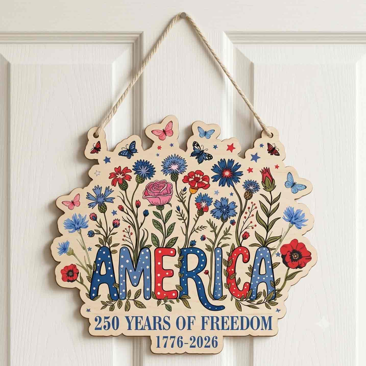 America 250 Years of Freedom Wooden Sign Patriotic Floral Decor