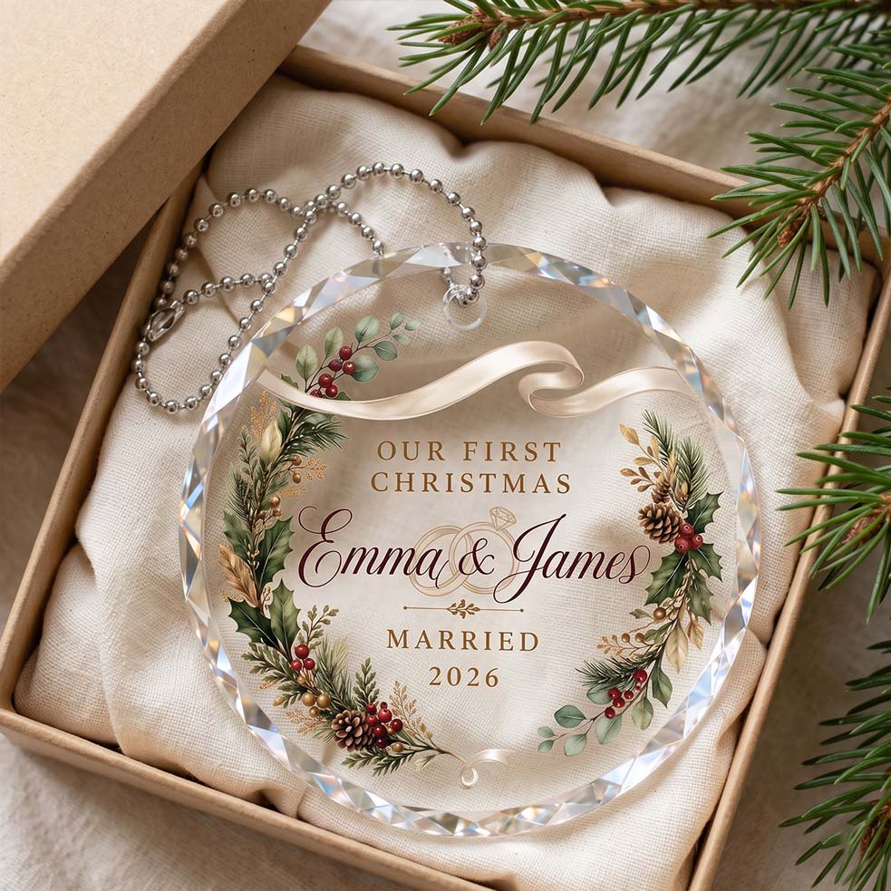 Our First Christmas Golden Greenery Wreath Custom Names Date First Married Christmas Round Glass Christmas Ornament