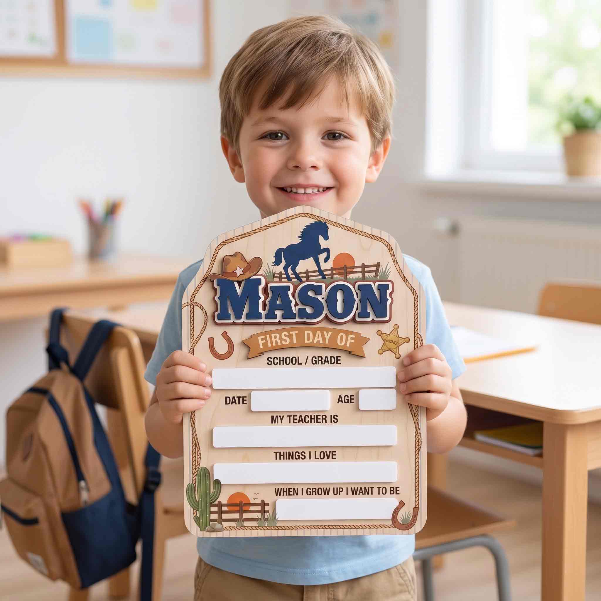 Personalized Western Cowboy Theme First & Last Day School Sign, Reusable Dry Erase Board, Back to School Sign