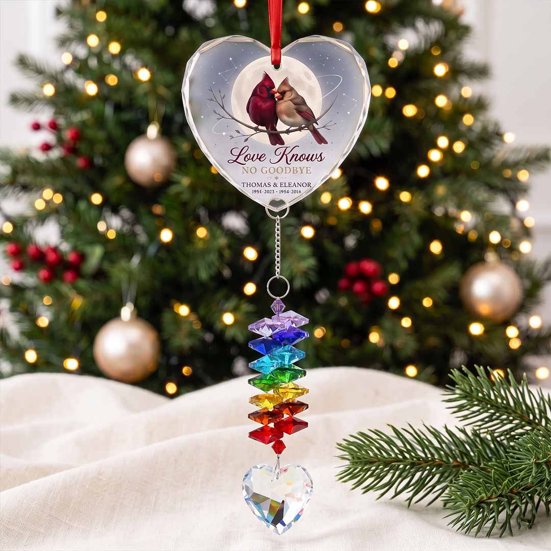 Love Knows No Goodbye Cardinal Personalized Couple Custom Name Date Memorial Keepsake Gift Heart Glass Christmas Ornament With Crystal Charm