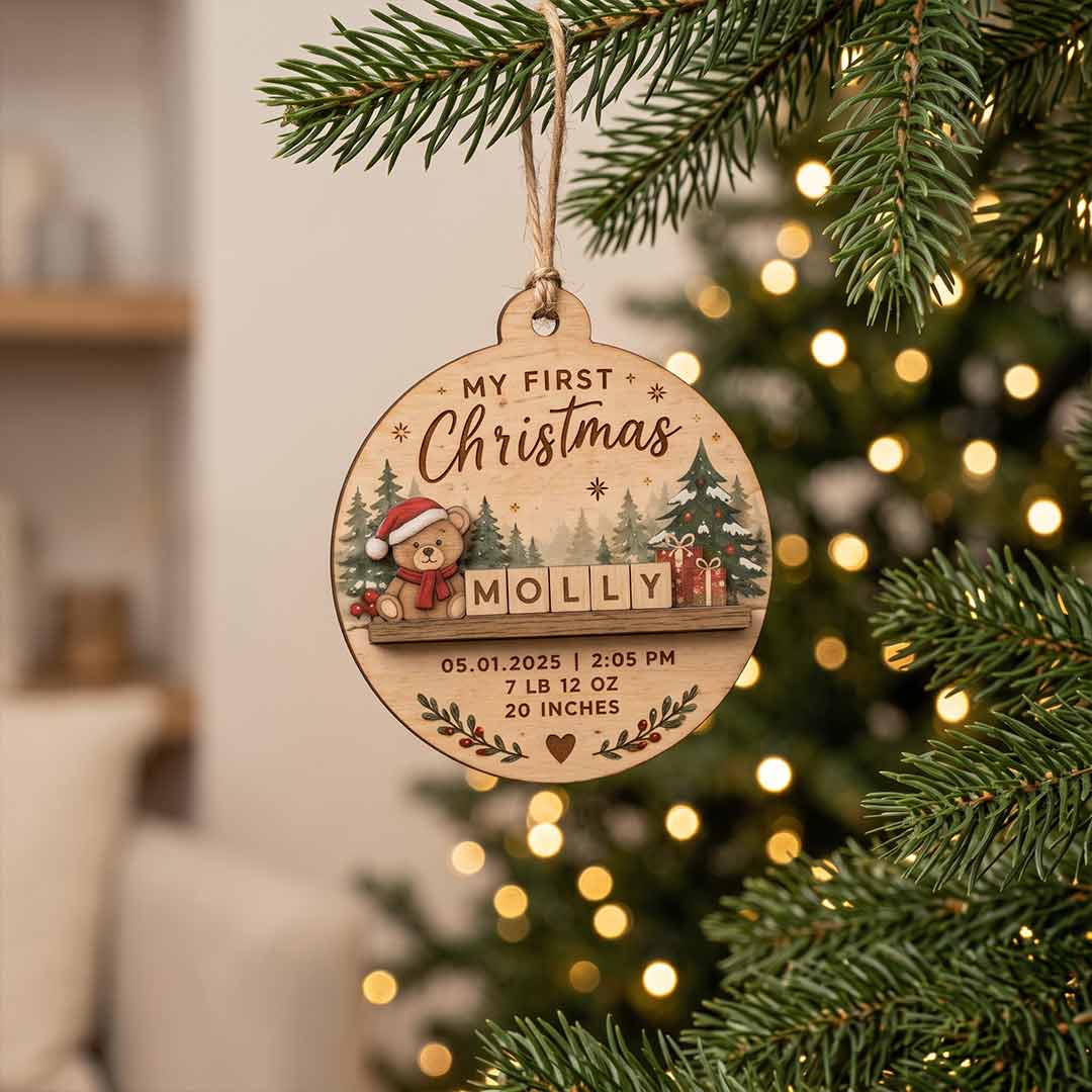 My First Christmas Teddy Bear Personalized Custom Name Date Newborn 2-Layer Wooden Christmas Ornament Baby's First Christmas Keepsake for New Parents