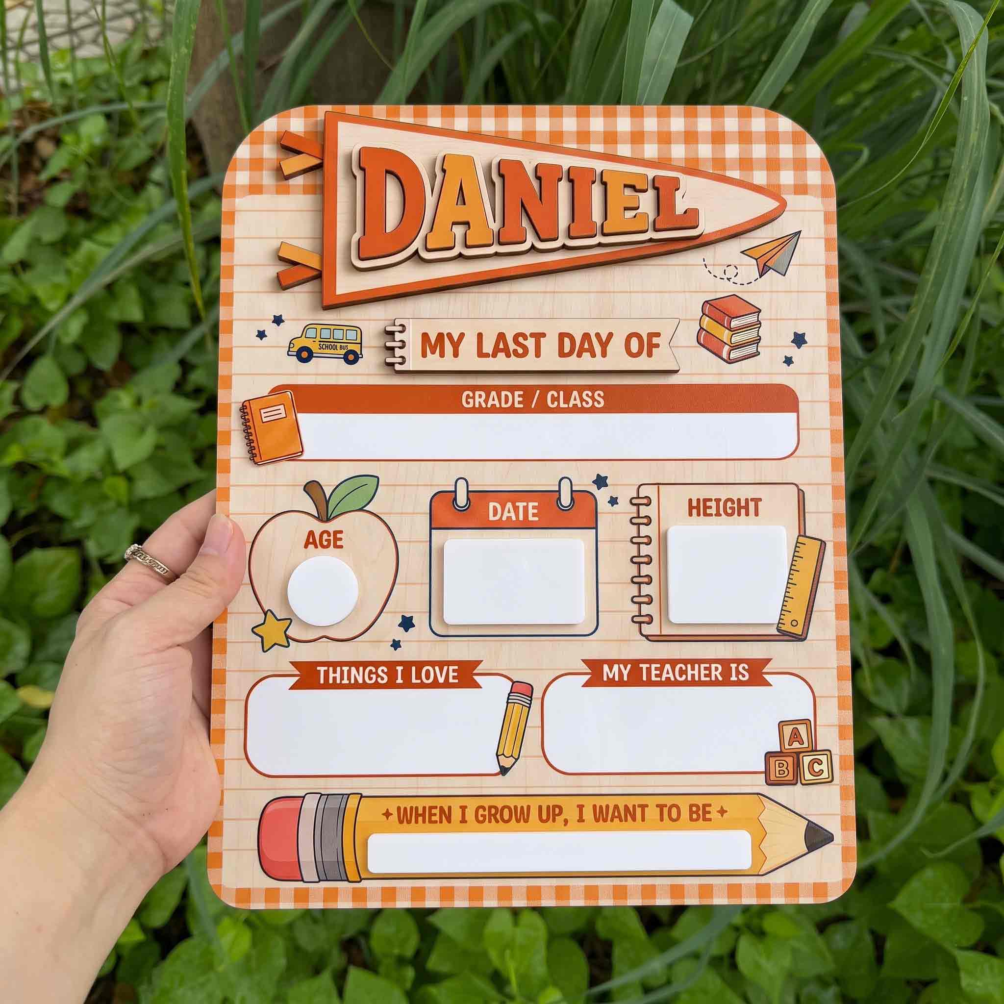 Personalized Orange Gingham Board First & Last Day School Sign, Reusable Dry Erase Board, Back to School Sign