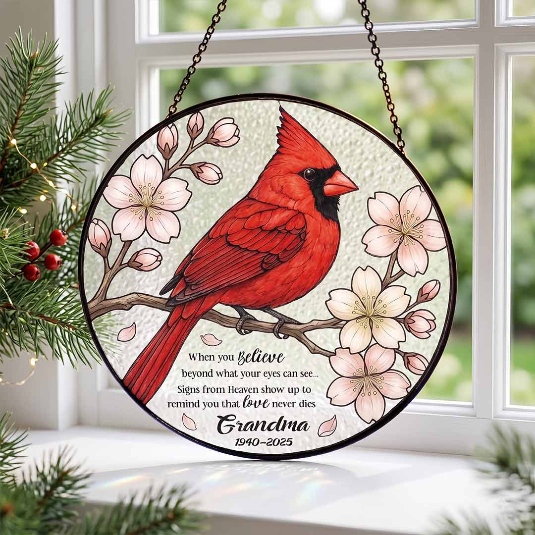 Grandma Memorial Cardinal Personalized Custom Name Date Loved One Memorial Keepsake Stained Glass Suncatcher Ornament for Loss of Grandma
