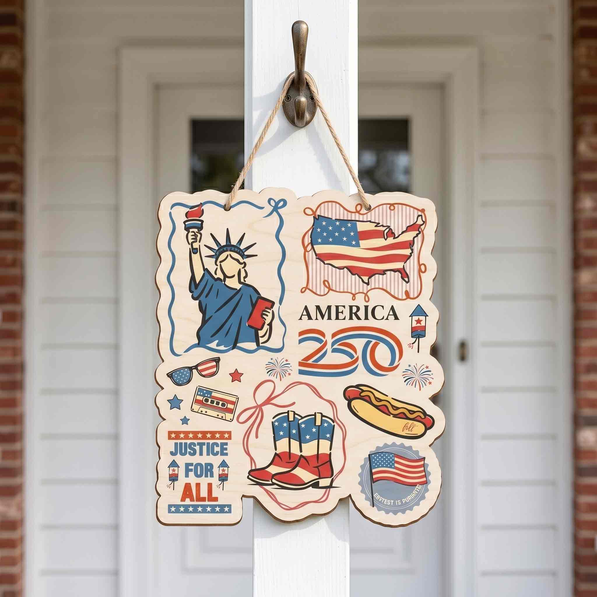 America 250 Statue of Liberty Justice for All Doodle Wooden Sign
