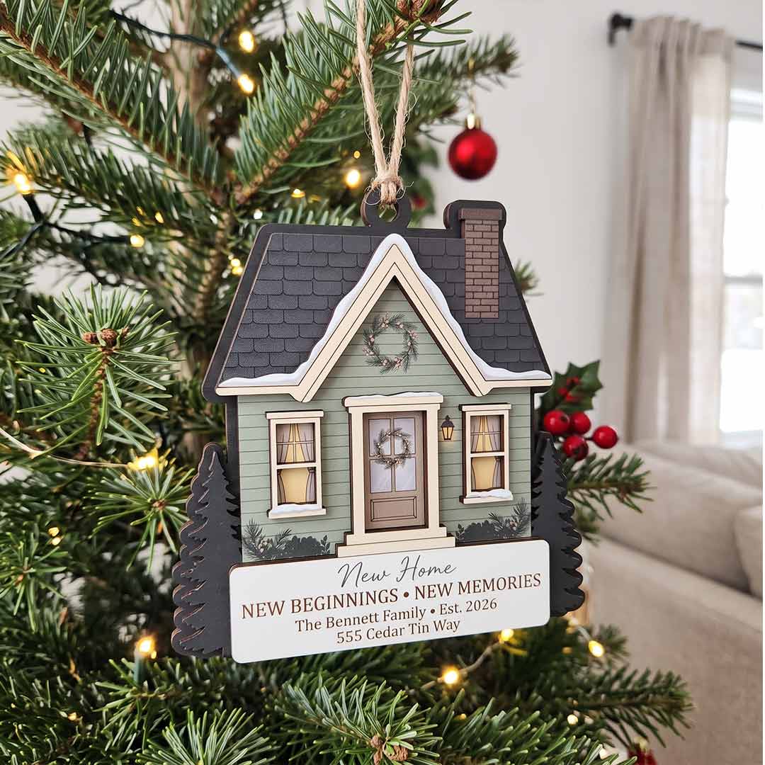 New Home New Beginnings New Memories Personalized Custom Name Date Address Wooden Ornament