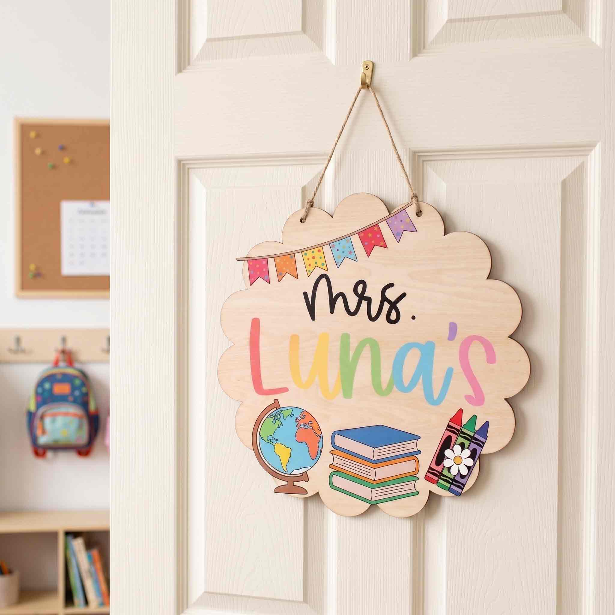 Personalized Elementary Teacher Classroom Wooden Sign, Custom Welcome Door Hanger with Books & Crayons, Back to School Decor