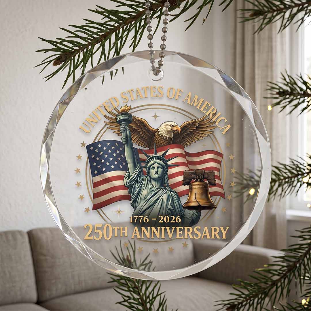 United States Freedom 250 Patriotic American Heritage Independence Round Glass Christmas Ornament