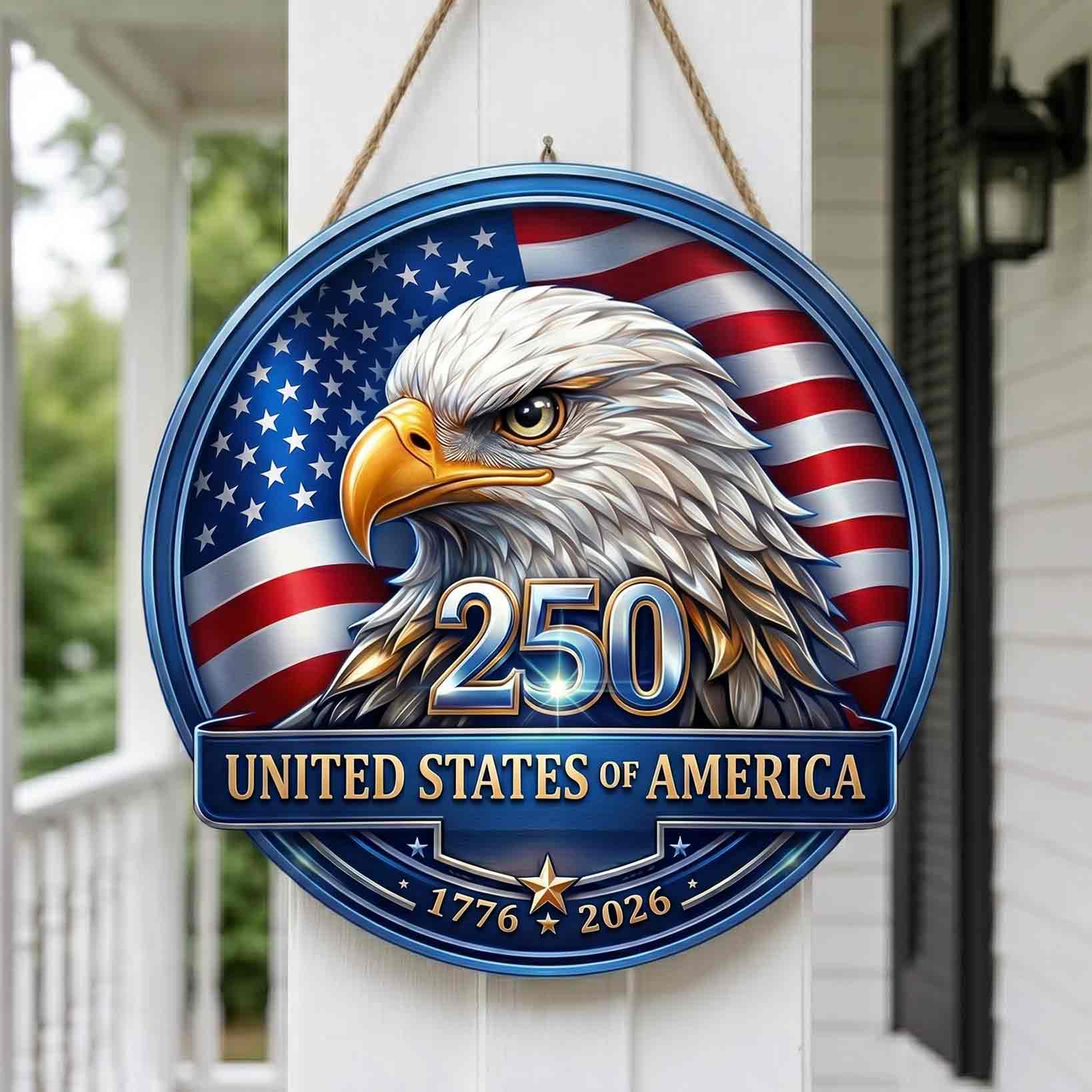 America 250 Wooden Sign With Bald Eagle and American Flag Patriotic Decor