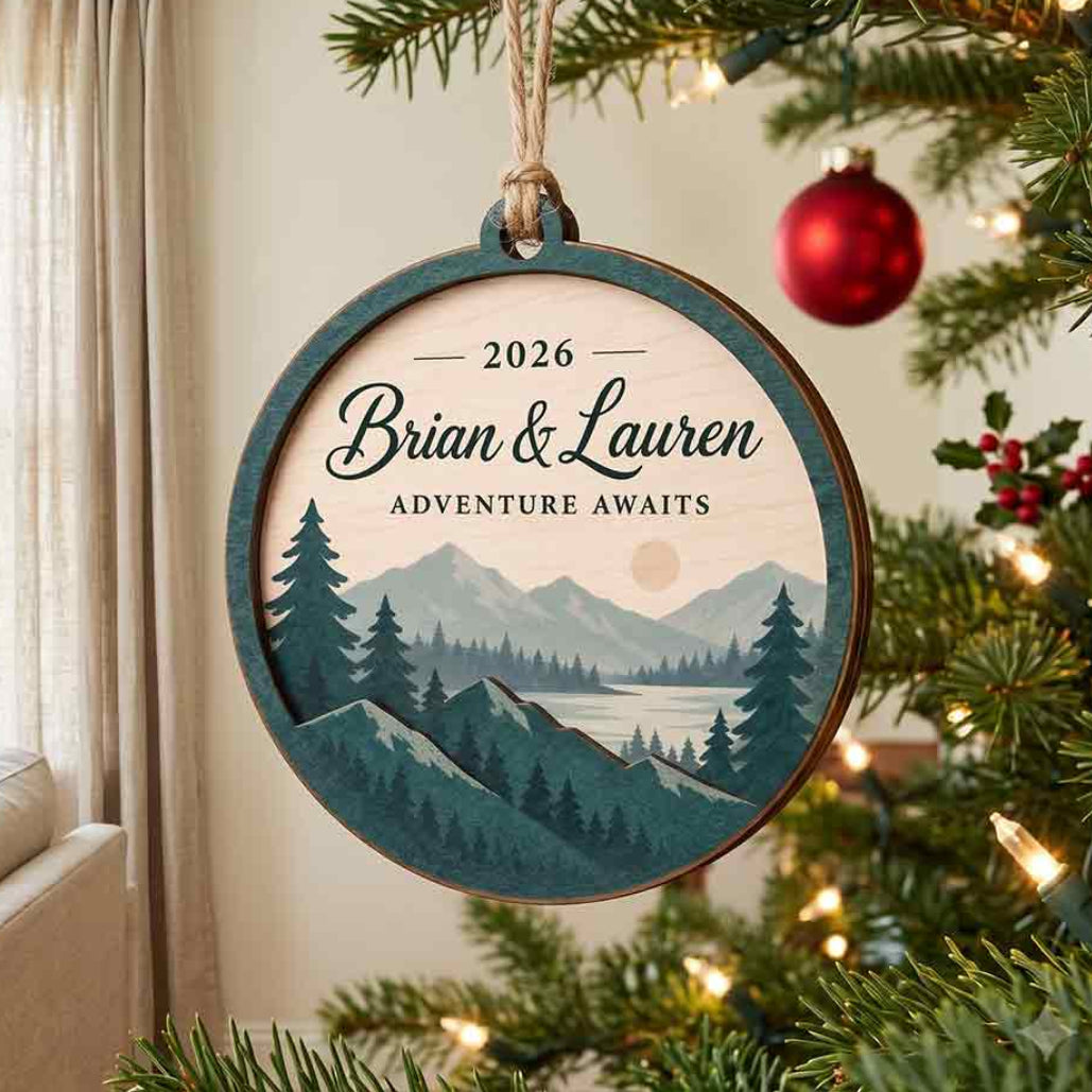 Adventure Awaits Mountain Lake Personalized Custom Name Date Couple 2-Layer Wooden Christmas Ornament for Couples Gift