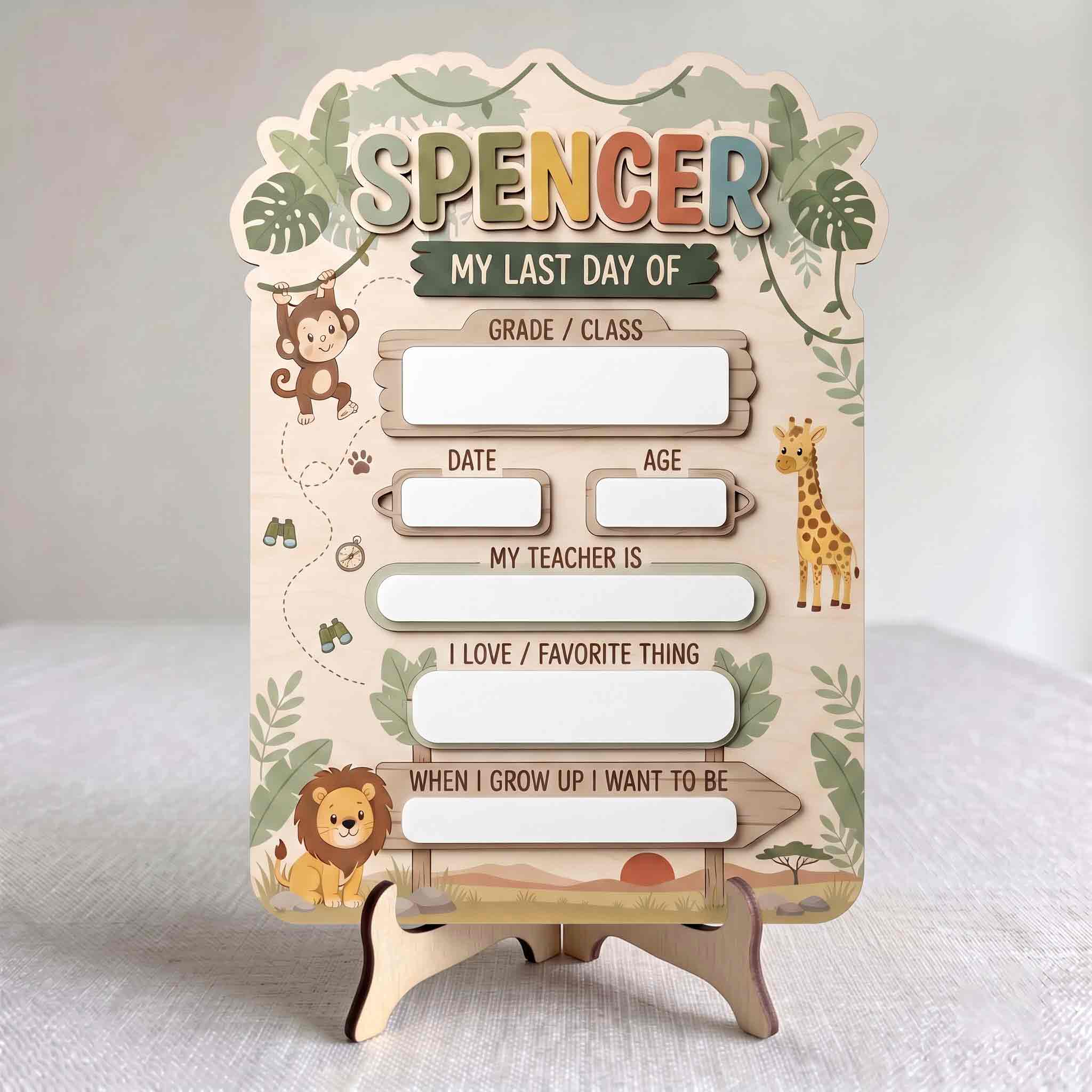 Personalized Safari Jungle First & Last Day School Sign, Reusable Dry Erase Board, Back to School Sign