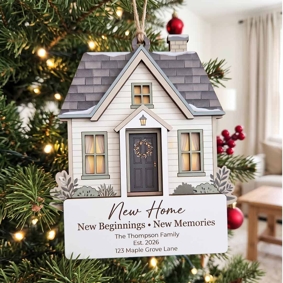 First Christmas In Our New Home Personalized  Custom Family Name Date Address New Home Gift Wooden Christmas Ornament