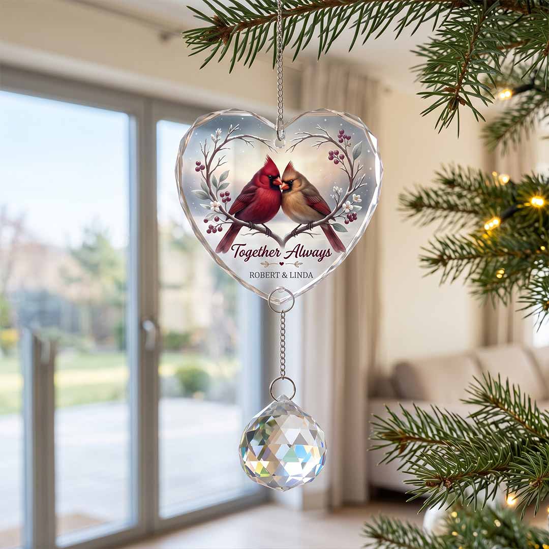 Together Always Cardinal Personalized Couple Custom Name Keepsake Heart Glass Christmas Ornament With Crystal Charm