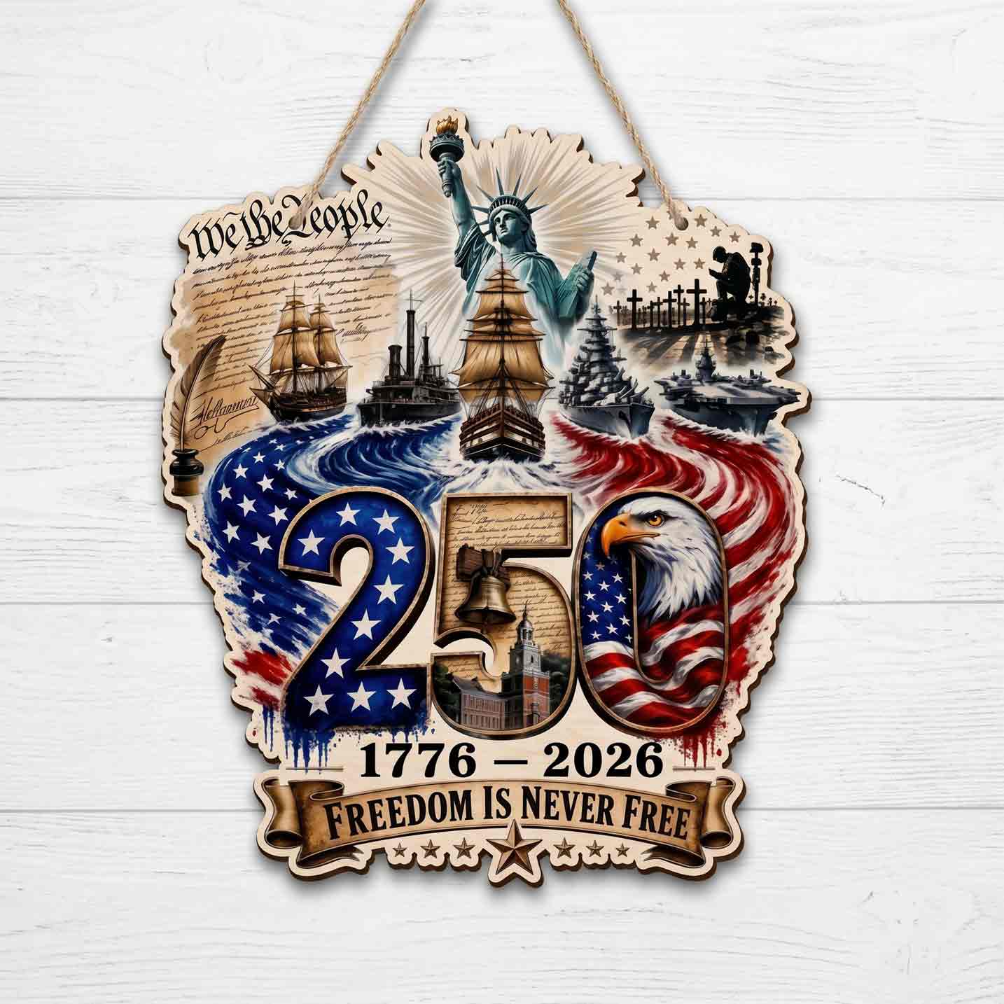 Freedom Is Never Free America 250th Anniversary Eagle Heritage Wooden Sign