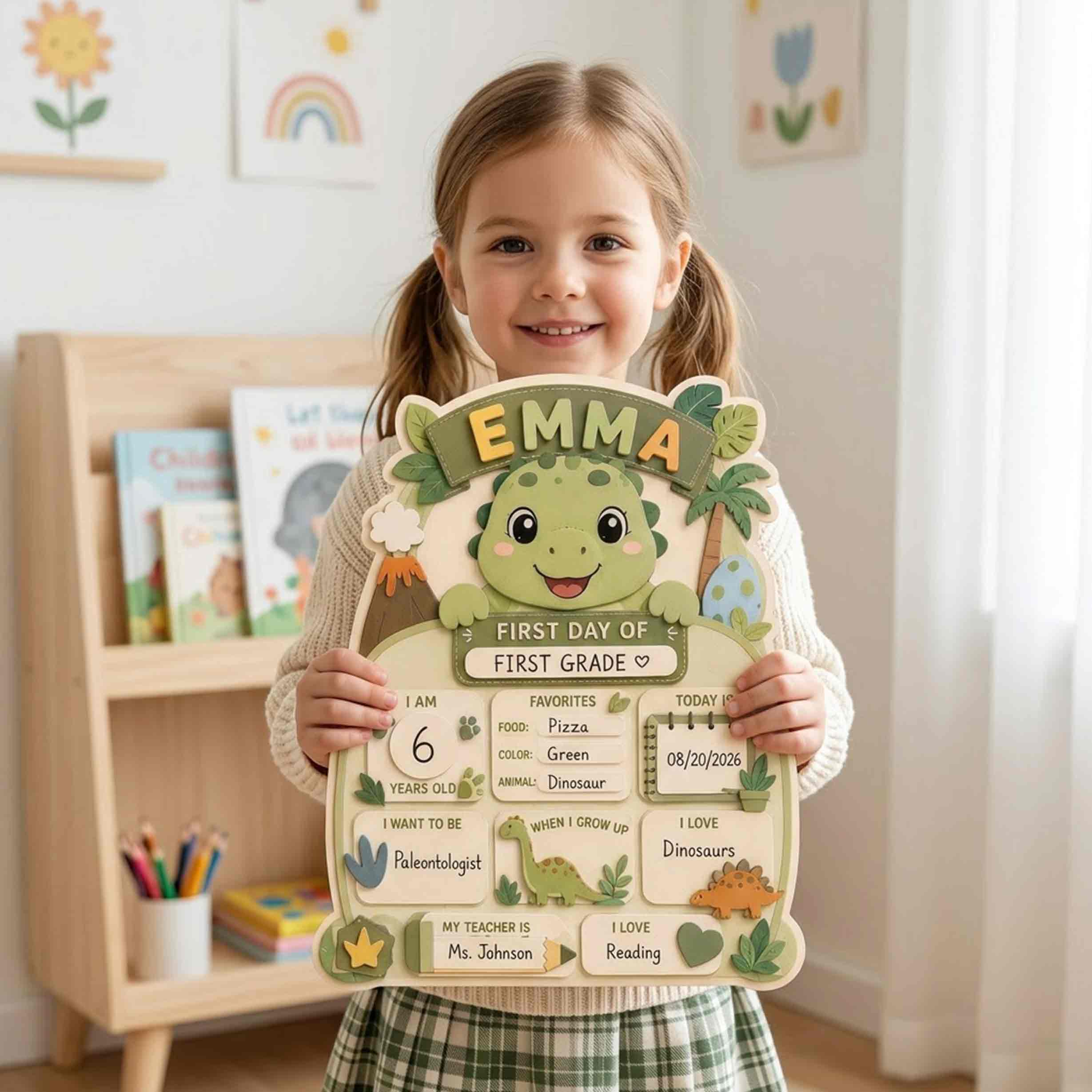 Personalized Sage Green Dinosaur First & Last Day School Sign, Reusable Dry Erase Board, Back to School Sign