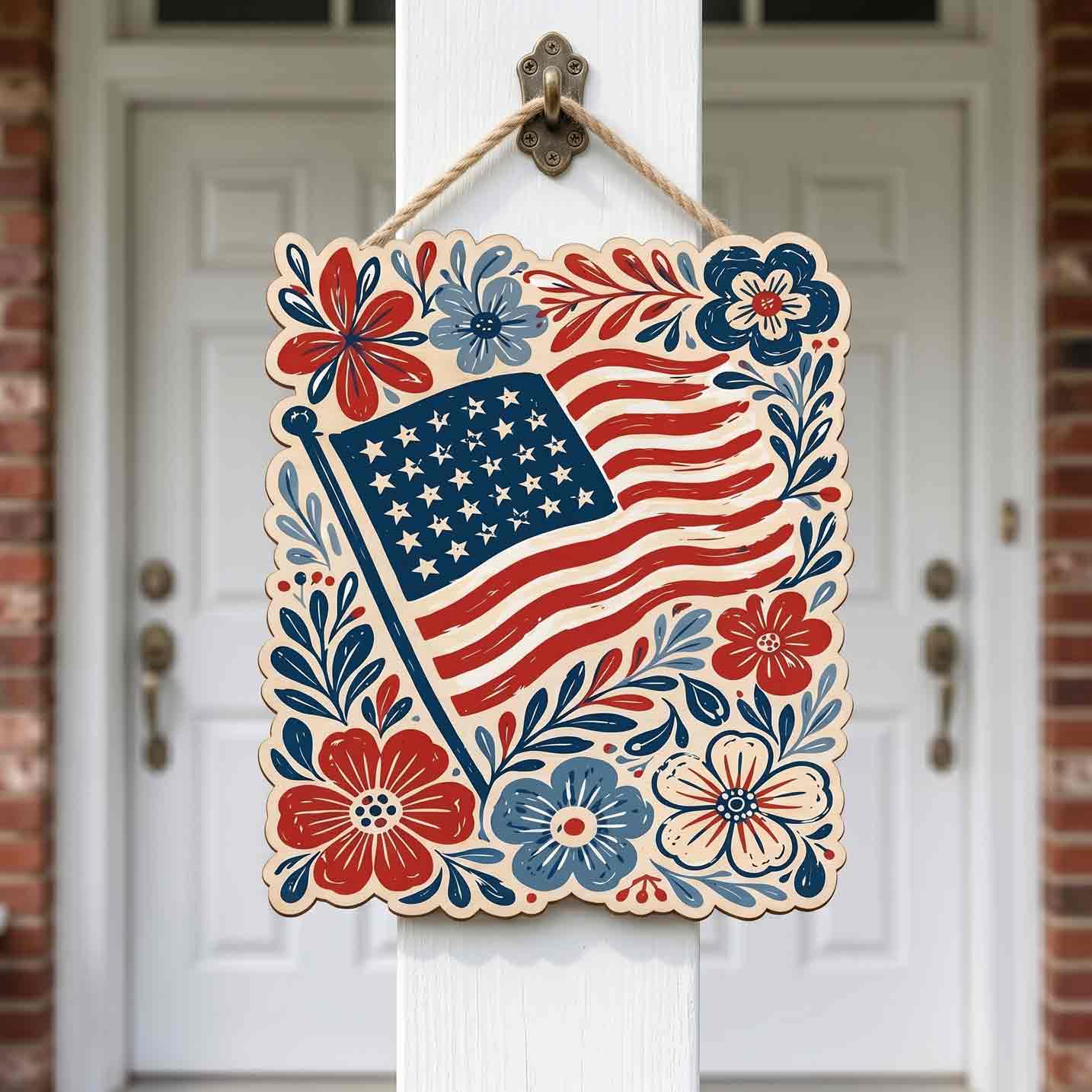 American Flag Floral Folk Art Patriotic America 250th Anniversary 1776-2026 Wooden Sign