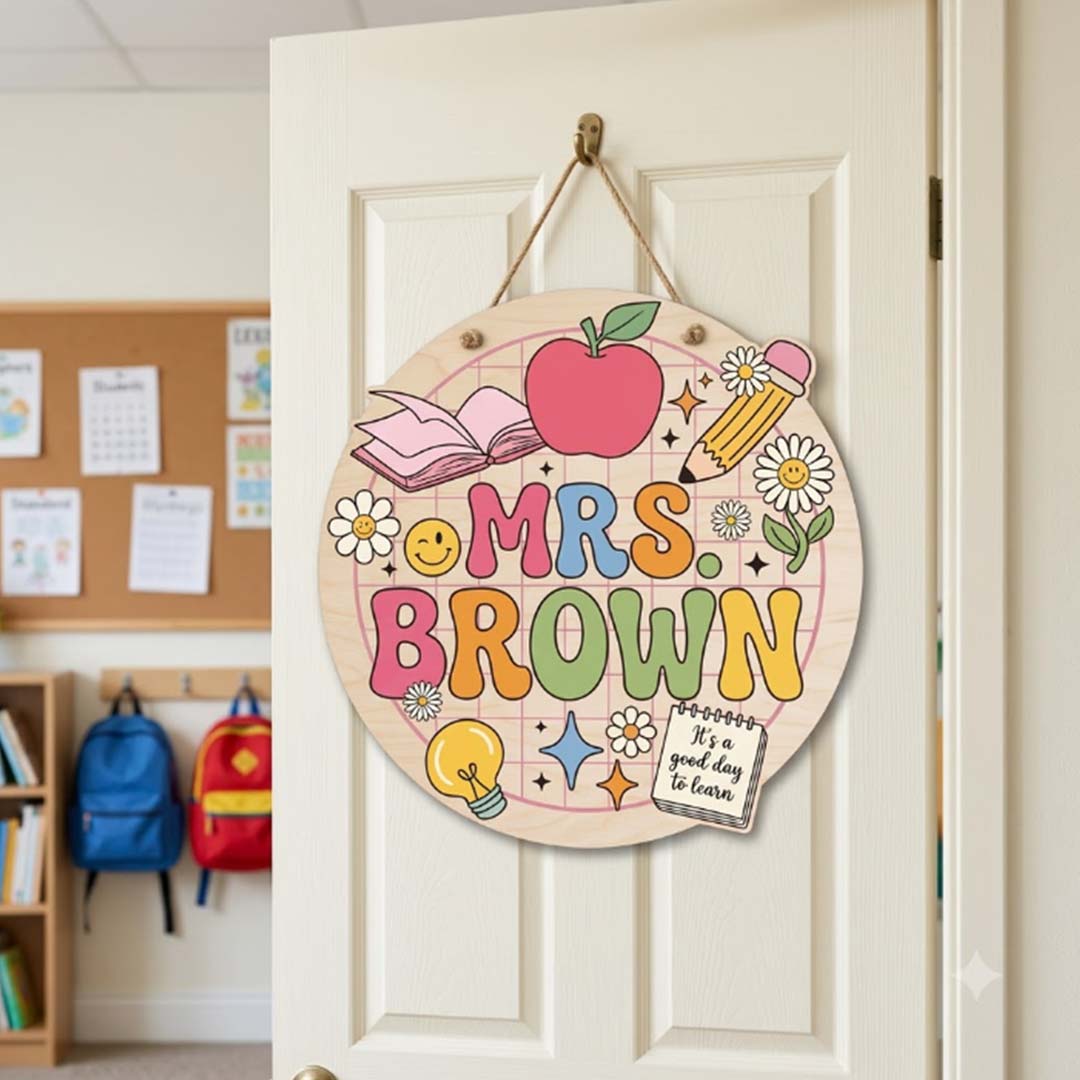 Personalized Teacher Name Wooden Sign Door Hanger Graphic Classroom Elements, Motivation Quote Wooden Classroom Decor, Back to School Sign