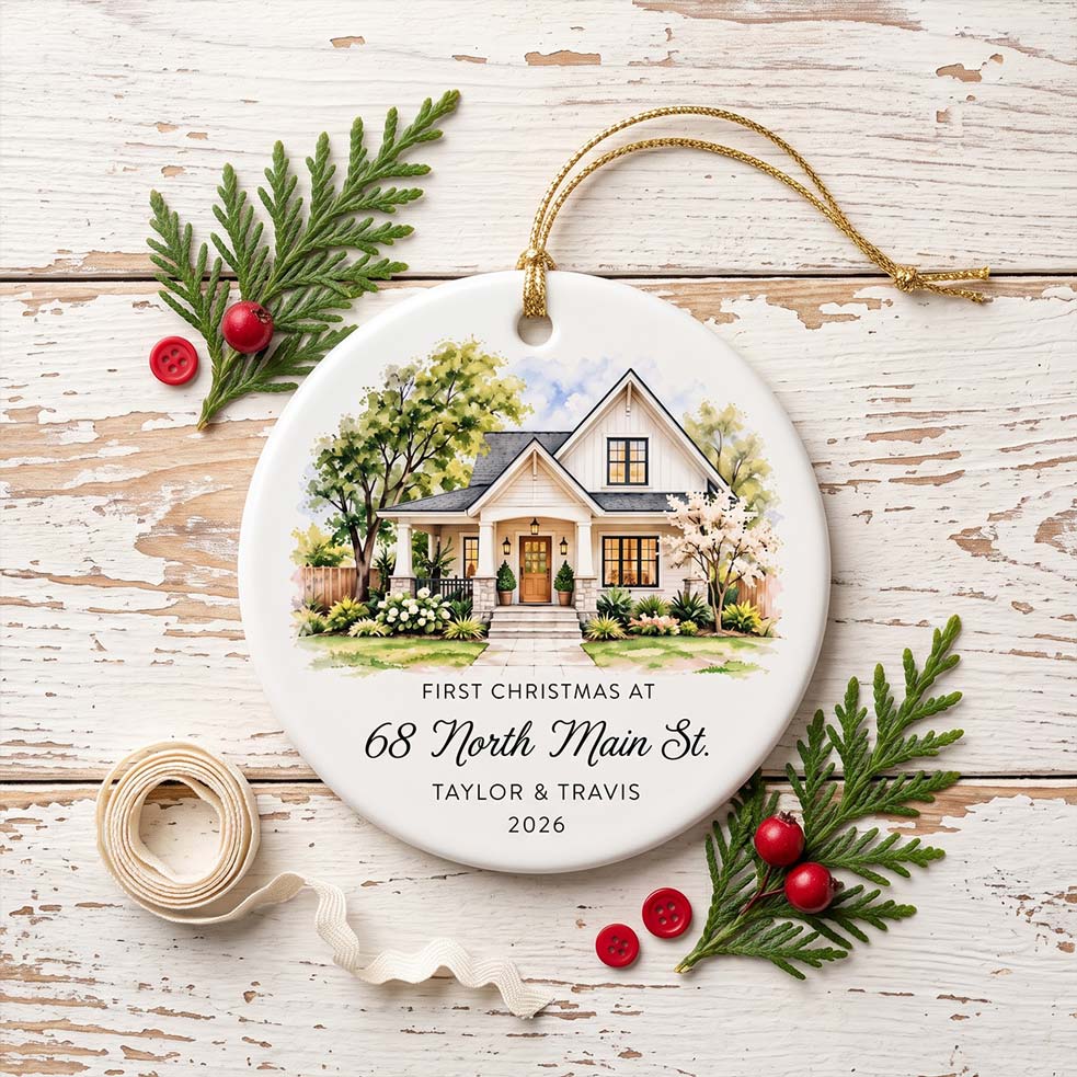 First Christmas in New Home Custom Name Address Photo New Home Round Ceramic Christmas Ornament New Home Keepsake Gift