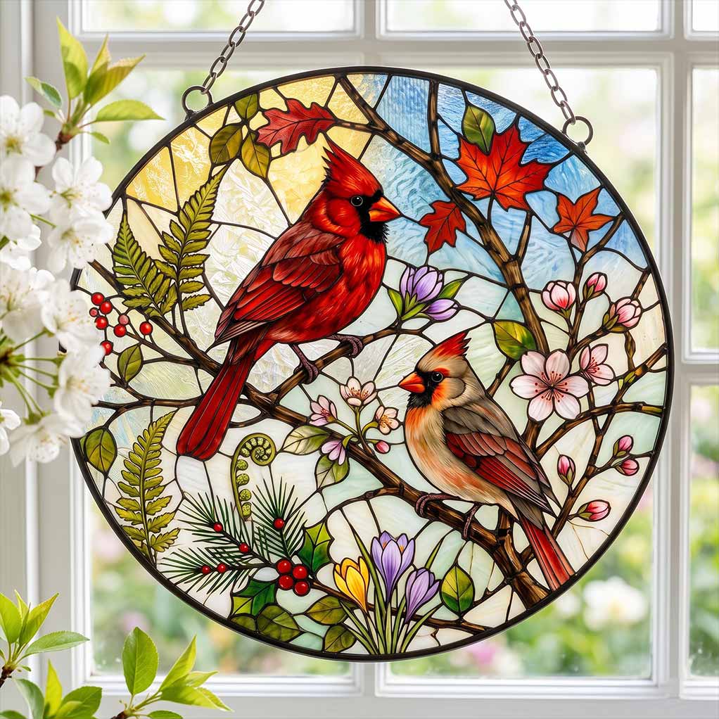 Cardinal Couple Four Seasons Floral Bird Lover Gift Nature Window Decor Couple Stained Glass Suncatcher Christmas Ornament