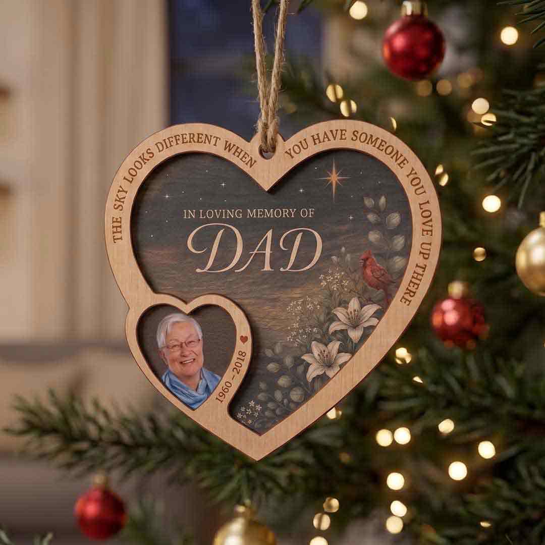 In Loving Memory Dad Heart Photo Personalized Custom Name Date Photo Memorial 2-Layer Wooden Christmas Ornament Remembrance Gift for Loss of Dad