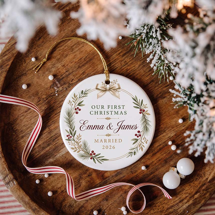 Our First Christmas Botanical Wreath Custom Names Date First Married Christmas Round Ceramic Christmas Ornament