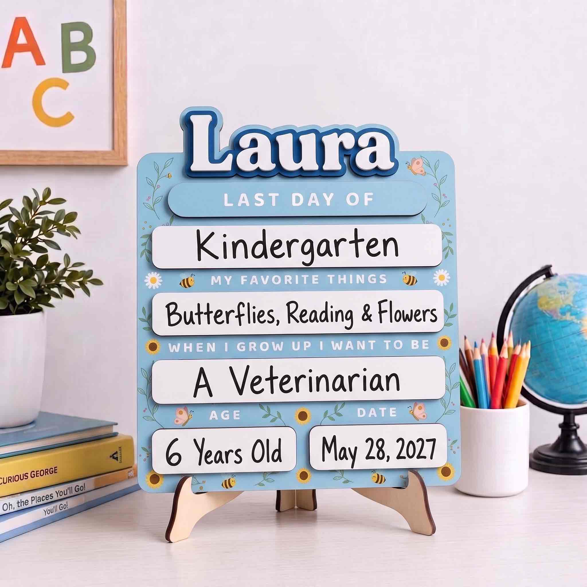 Personalized Blue Wildflower First & Last Day School Board, Reusable Dry Erase Board, Back to School Sign