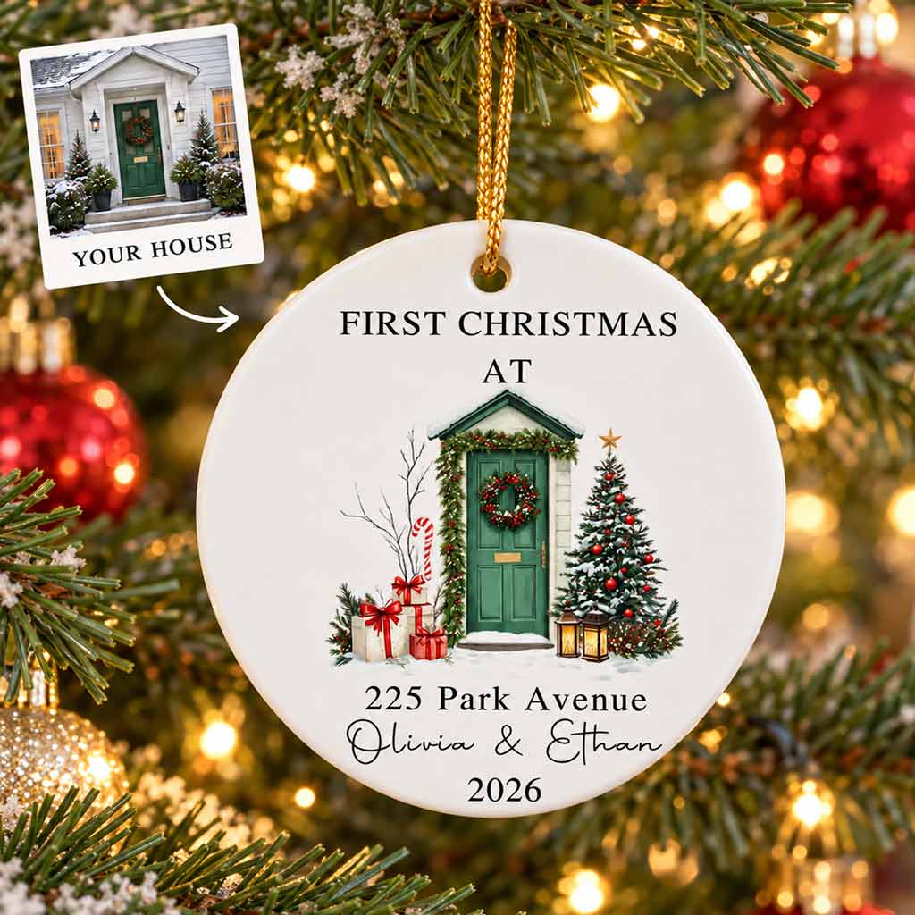 First Christmas at Our New Home 2026 Custom Name & Address New Home Housewarming Gift Round Ceramic Ornament